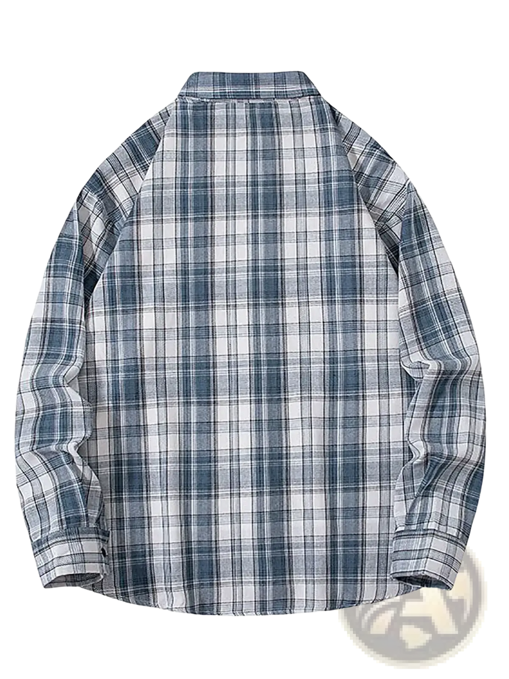Men plaid flannel shirt retro japanese grid jacket long-sleeved button-up in muted blue gray and white plaid