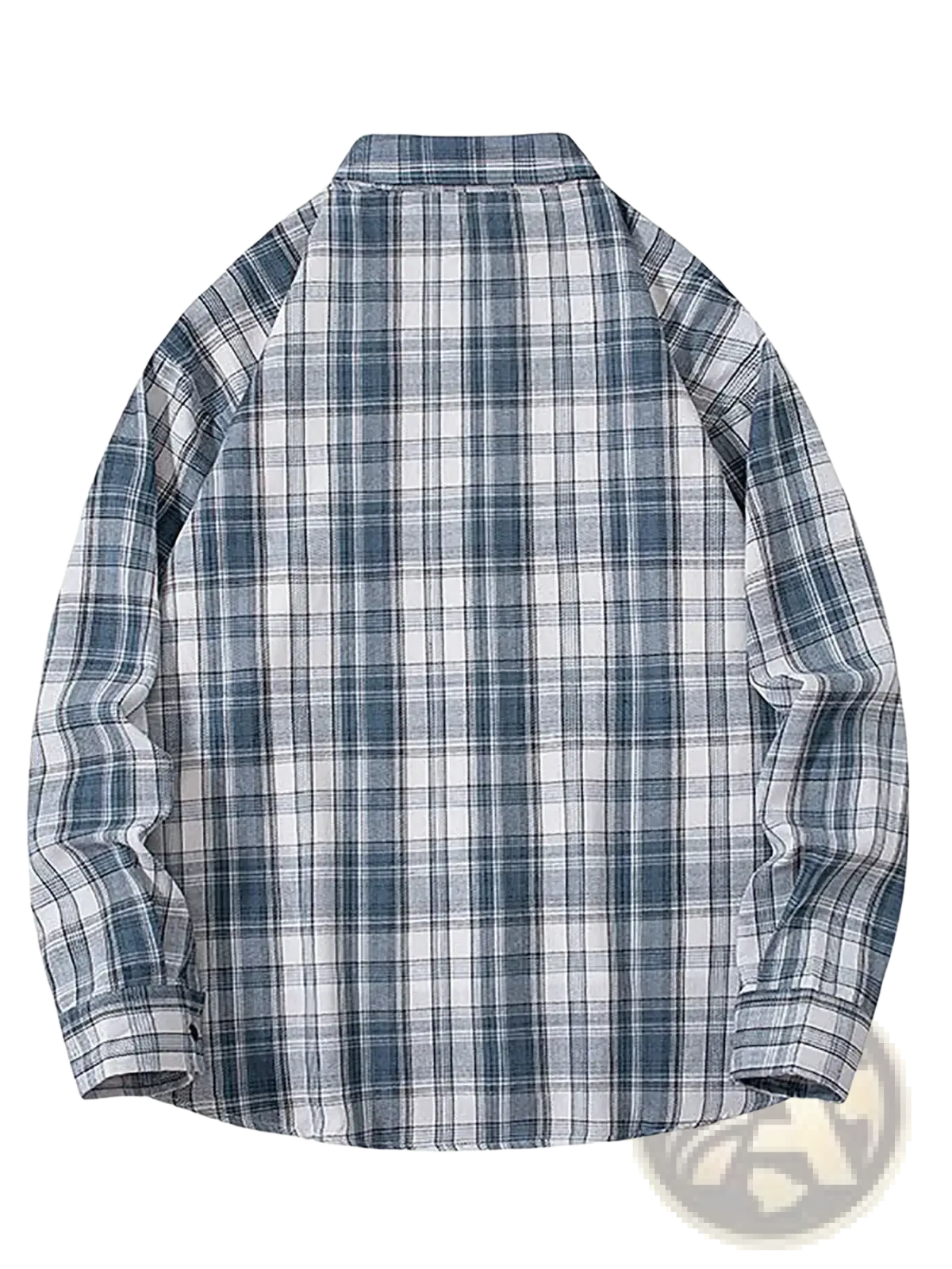 Men plaid flannel shirt retro japanese grid jacket long-sleeved button-up in muted blue gray and white plaid