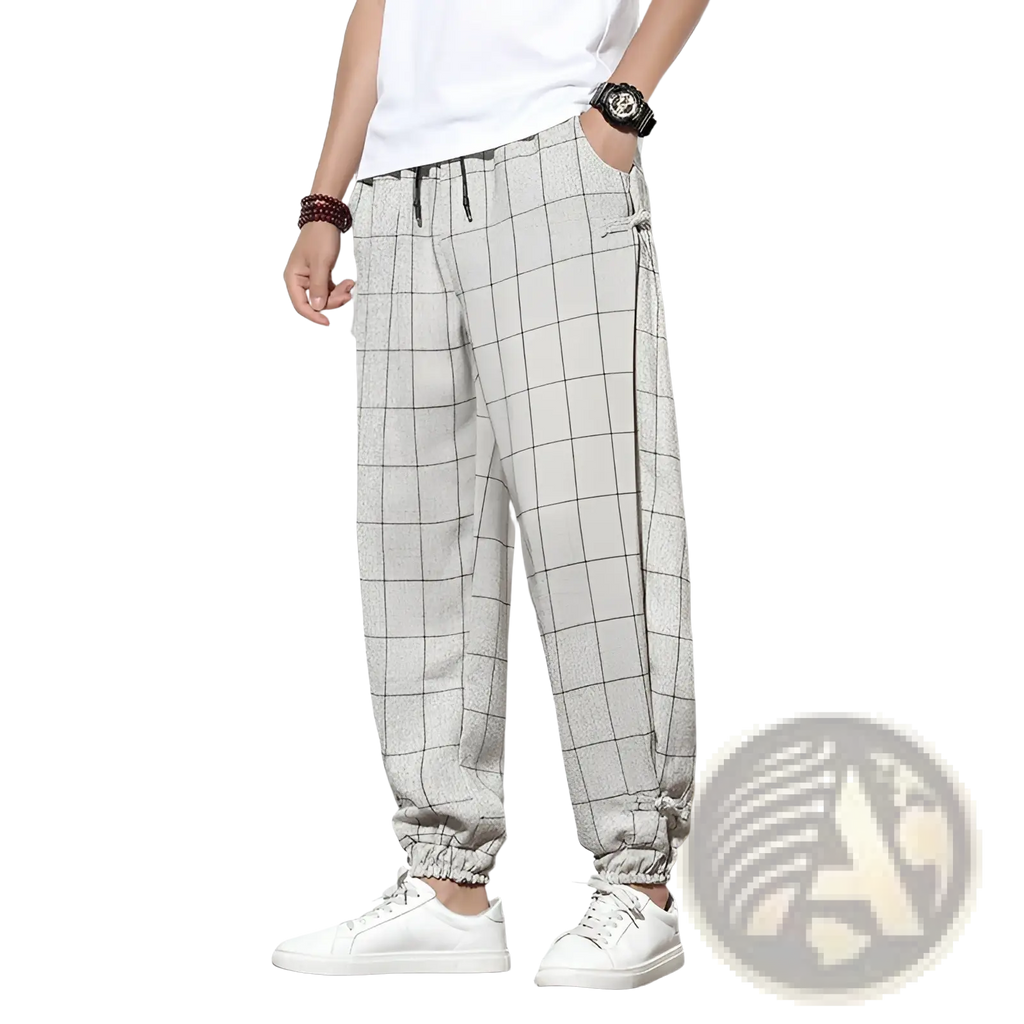 Men plaid harem pants loose casual gray jogger trousers with black grid pattern and elastic cuffs