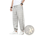Men plaid harem pants loose casual gray jogger trousers with black grid pattern and elastic cuffs
