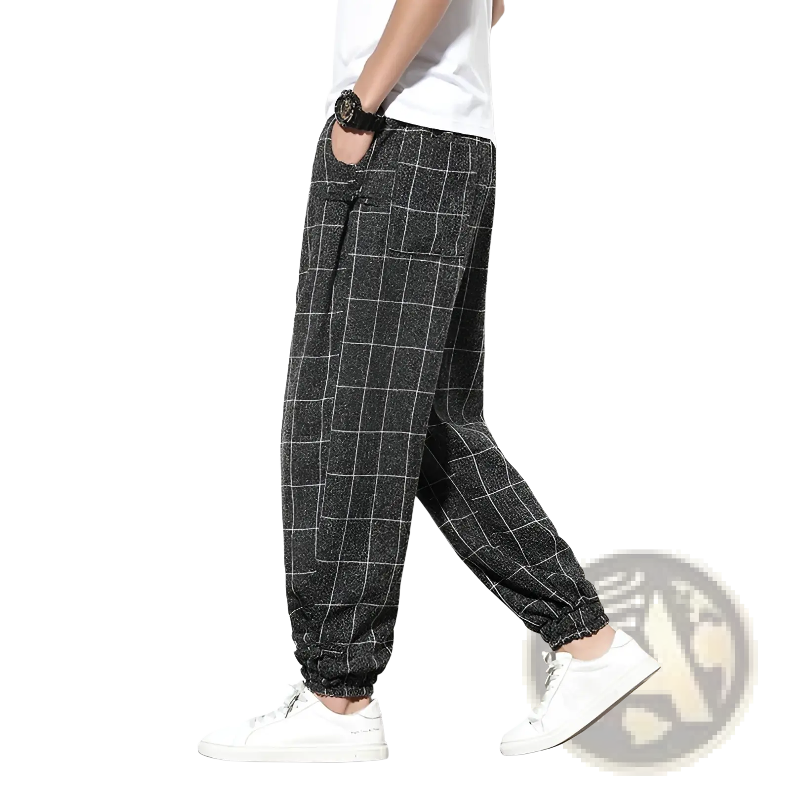 Men plaid harem pants loose casual black and white checkered cotton joggers with elastic cuffs