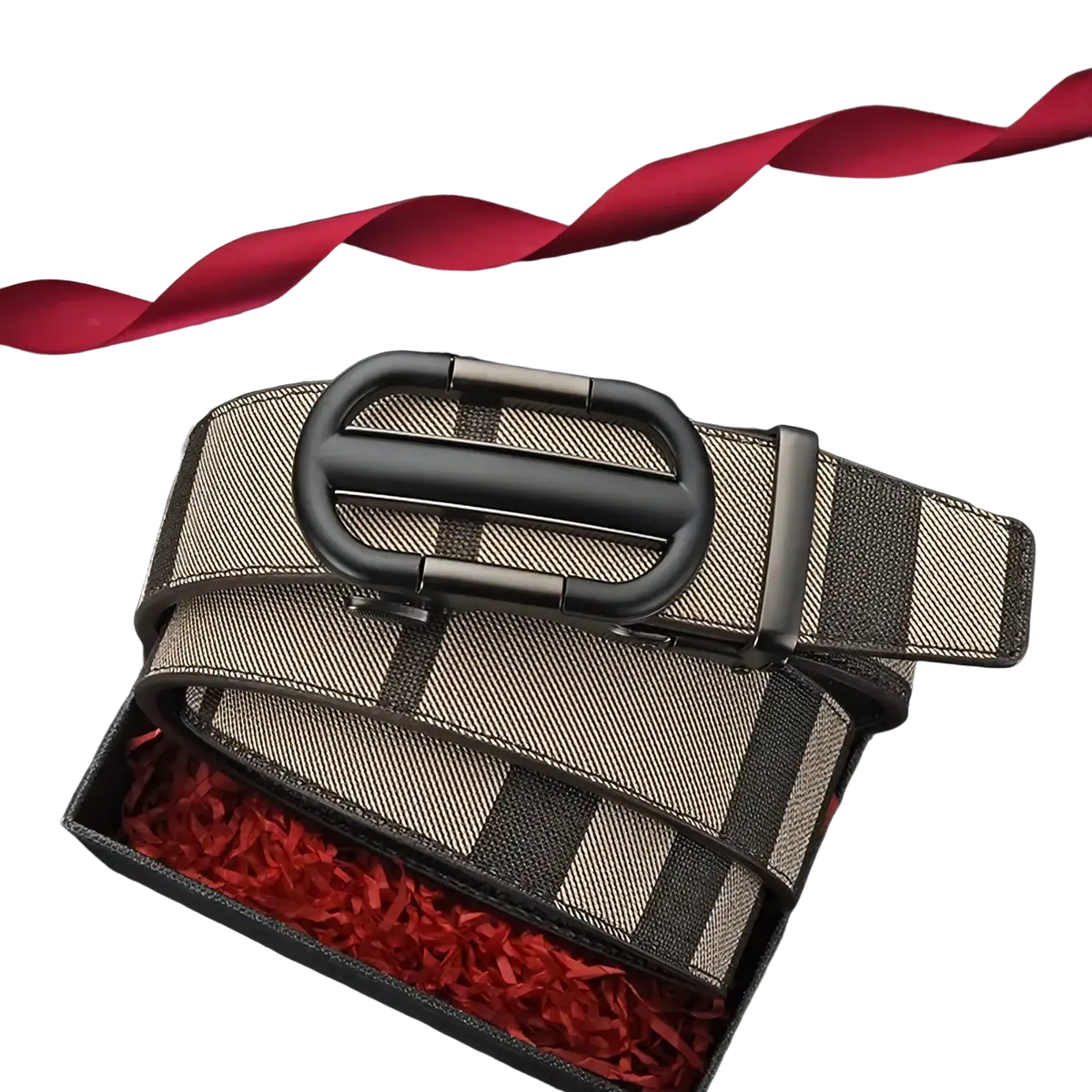 Men plaid leather belt with beige and black stripes and a sleek matte-finish metal automatic buckle