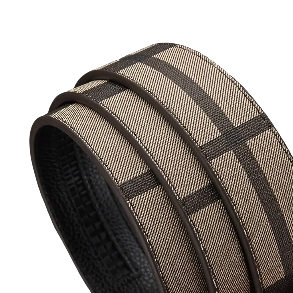 Men plaid leather belt with beige and dark brown checkered woven design and textured black inner lining