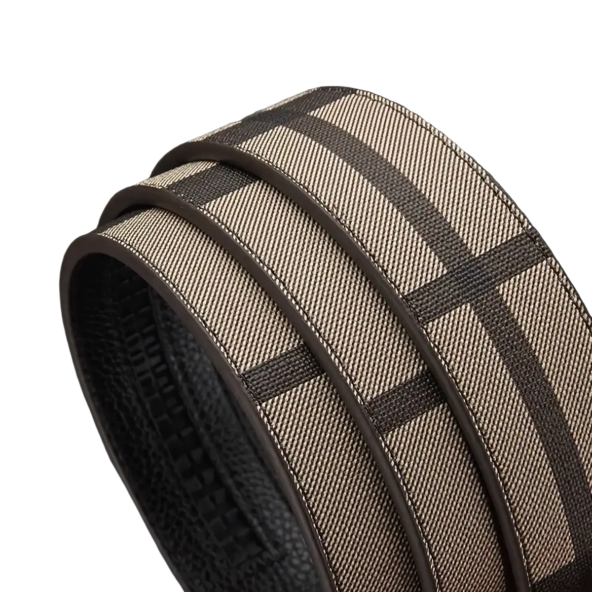 Men plaid leather belt with beige and dark brown checkered woven design and textured black inner lining
