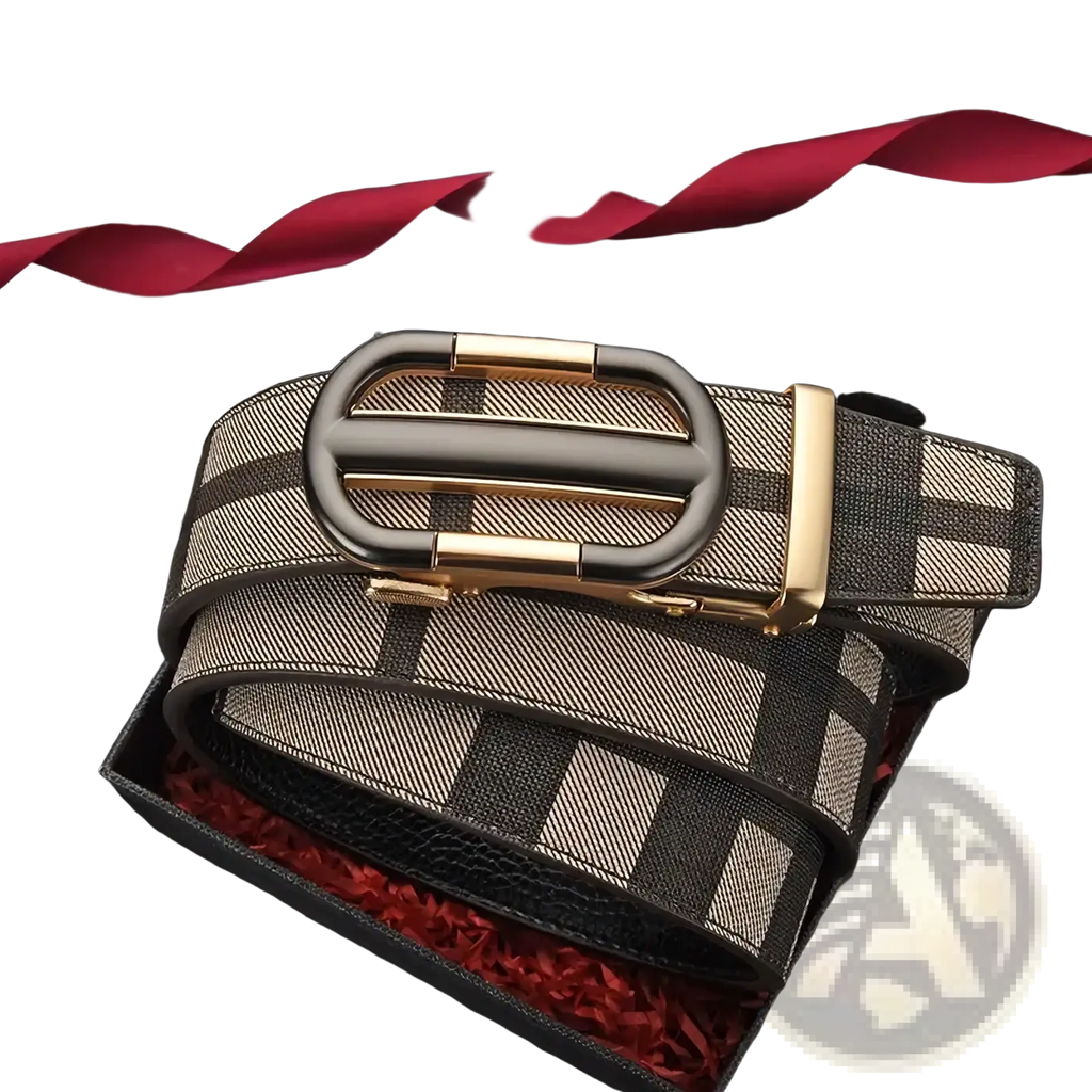 A men’s plaid leather belt in black and beige with a gold-toned automatic buckle displayed in a gift box
