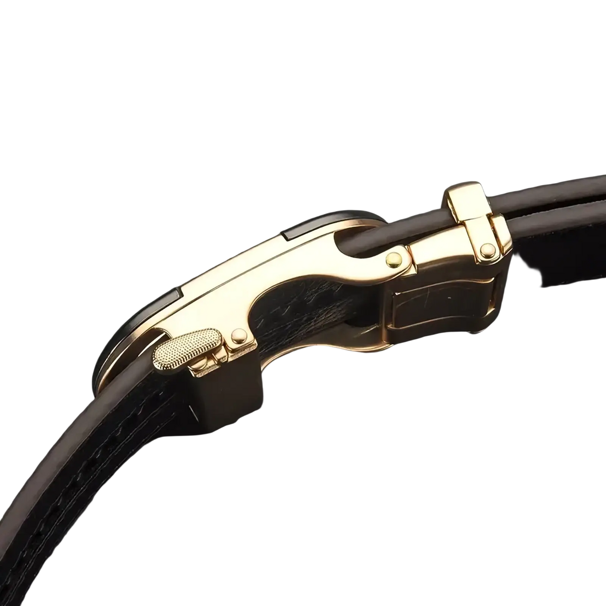 Men plaid leather belt with gold-toned automatic buckle and black leather strap for formal wear