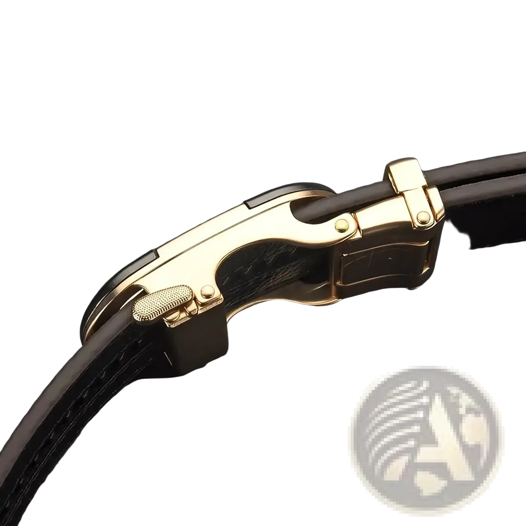Men plaid leather belt with gold-toned automatic buckle and black leather strap for formal wear