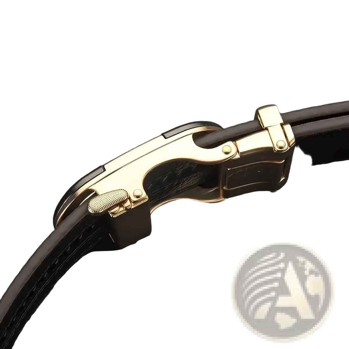 Men plaid leather belt with gold-toned automatic buckle and black leather strap for formal wear
