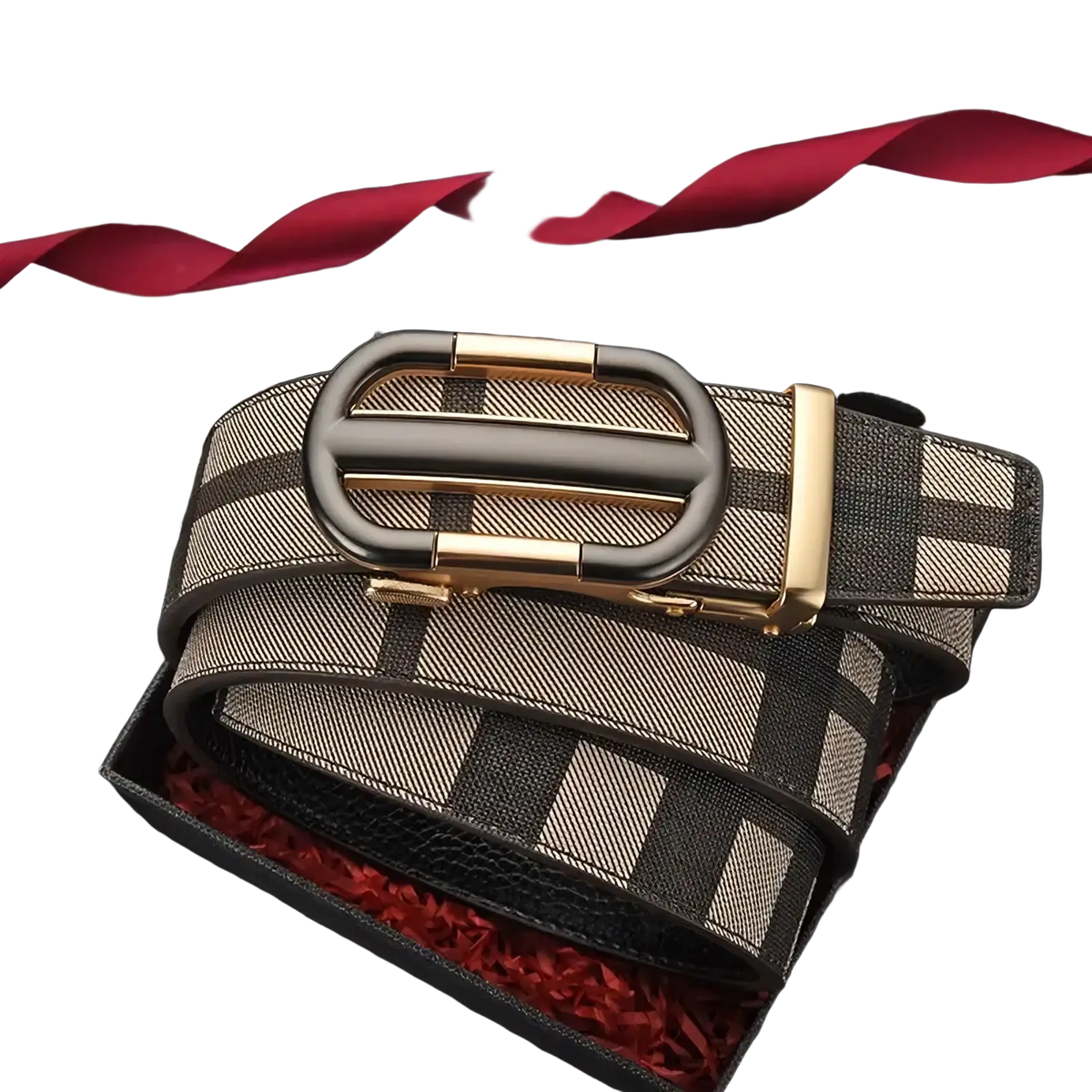 A men’s plaid leather belt in black and beige with a gold-toned automatic buckle displayed in a gift box