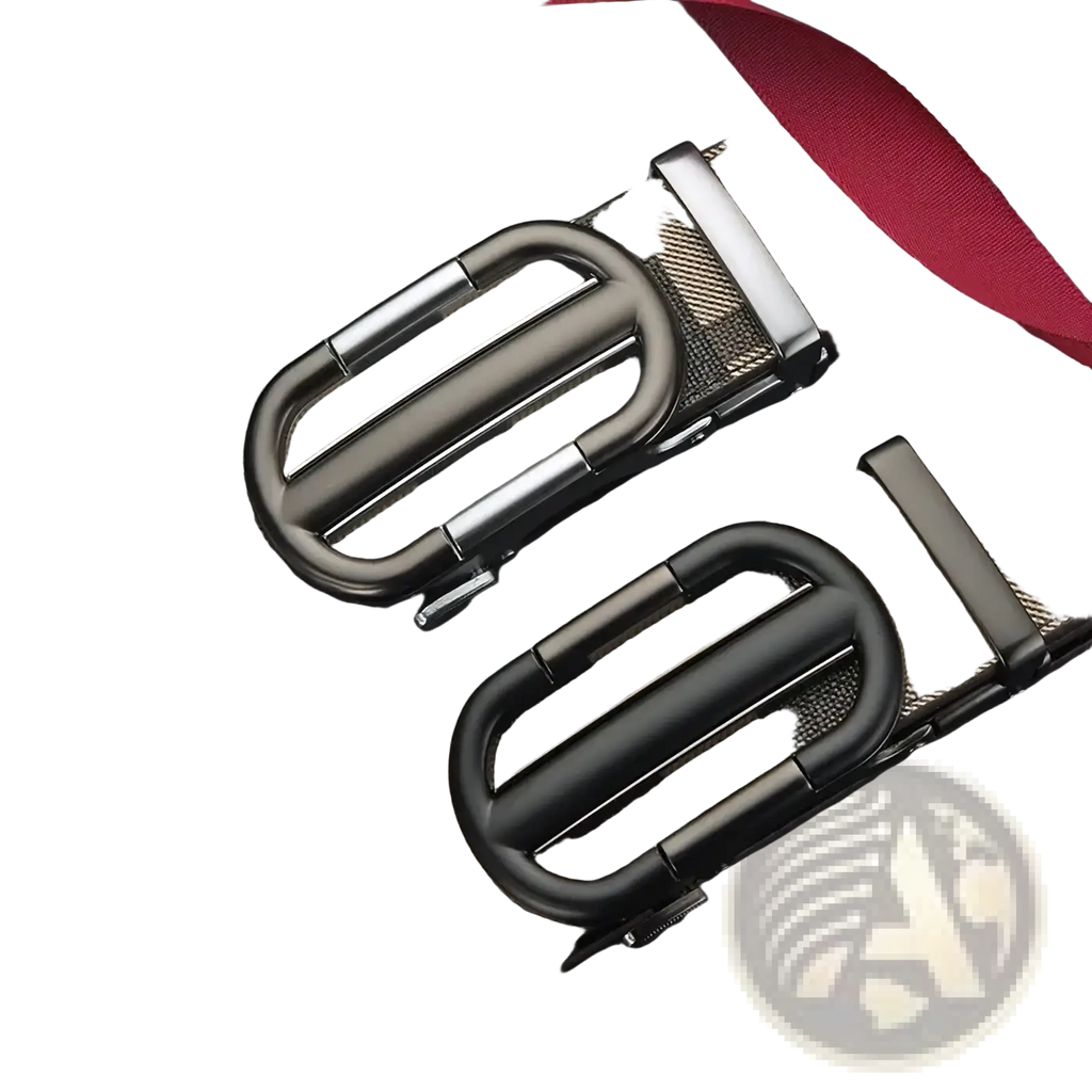 Men plaid leather belt with beige and black plaid straps and matte black and silver-toned automatic buckles