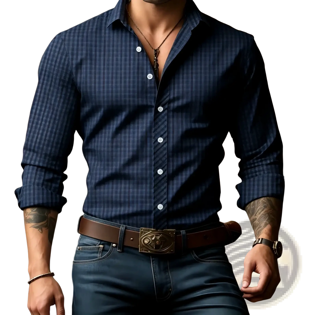 Men plaid long sleeve button down shirt in dark blue plaid with white buttons and rolled up sleeves