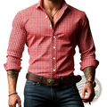 Men plaid long sleeve button down shirt in red and white checkered pattern with rolled cuffs and button-up front