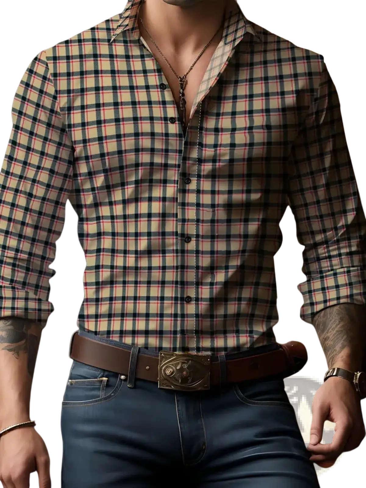 A man wearing a men plaid long sleeve casual shirt with black beige and thin red intersecting lines