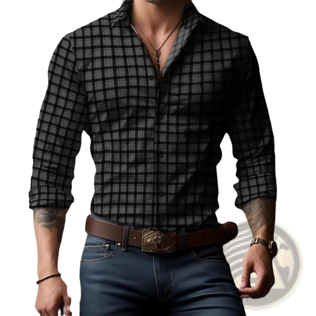 Men plaid long sleeve casual shirt in black and gray plaid with button-up front and rolled cuffs