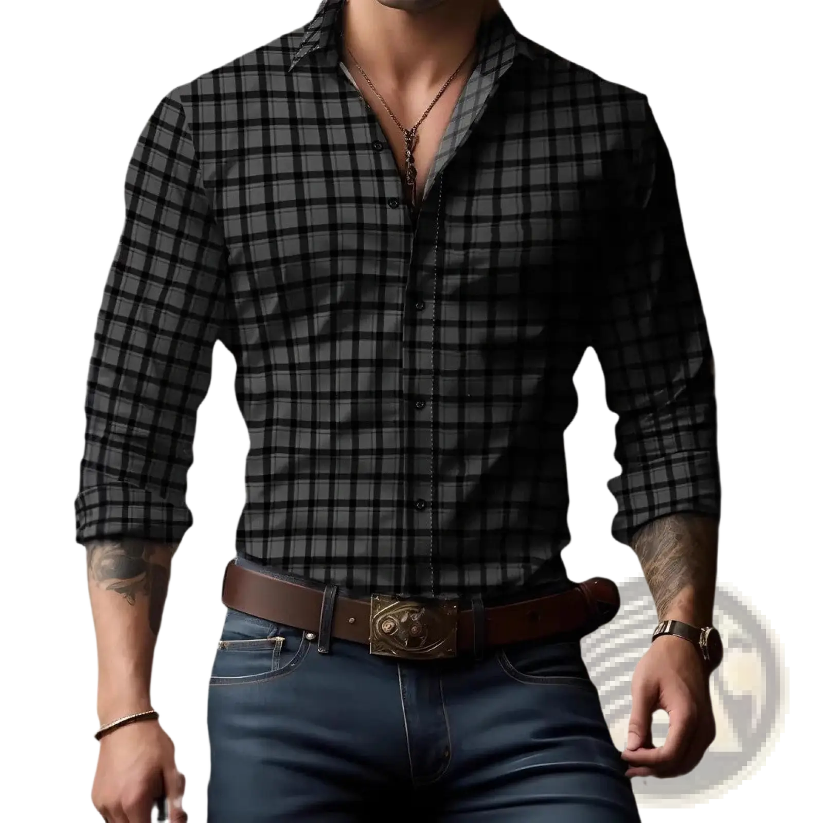 Men plaid long sleeve casual shirt in black and gray plaid with button-up front and rolled cuffs