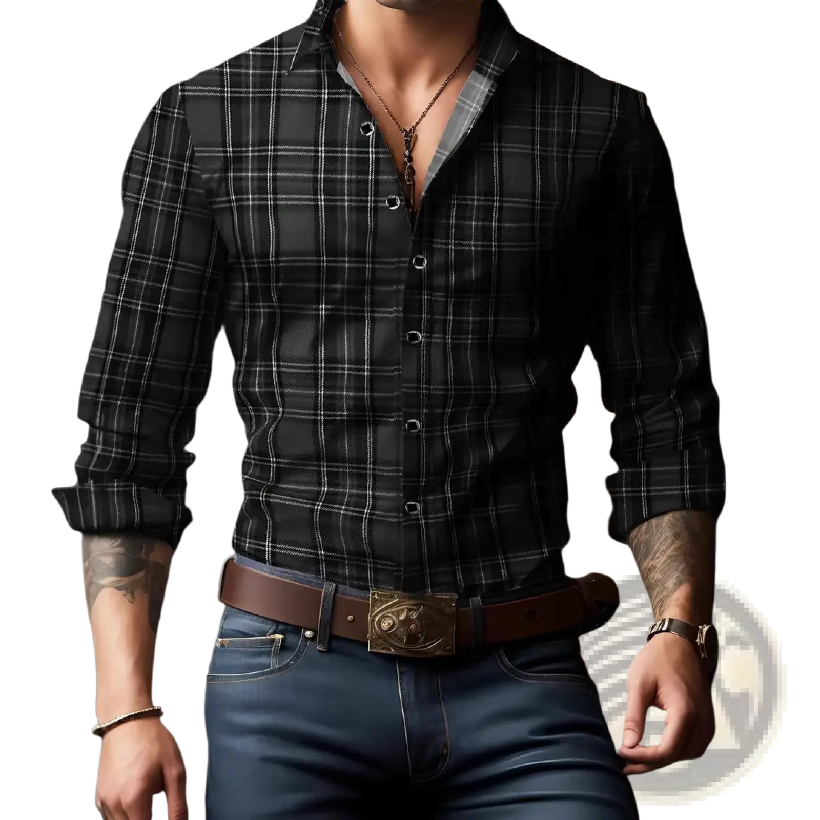 Men plaid long sleeve casual shirt in black and white plaid with rolled sleeves made from soft cotton fabric