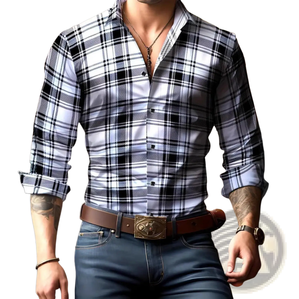 Men plaid long sleeve casual shirt in black and white plaid with button-up front and rolled cuffs