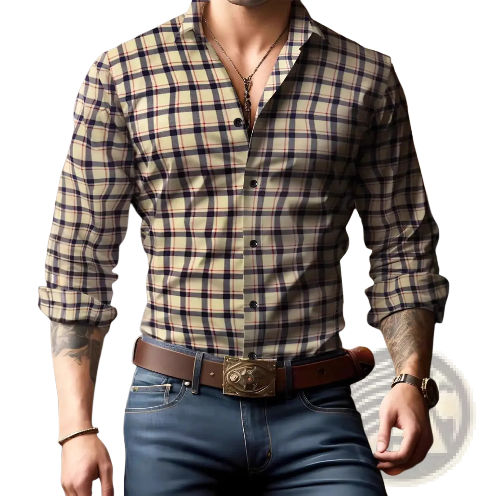 A man wearing a beige navy blue and red plaid long sleeve casual shirt with rolled cuffs in cotton fabric
