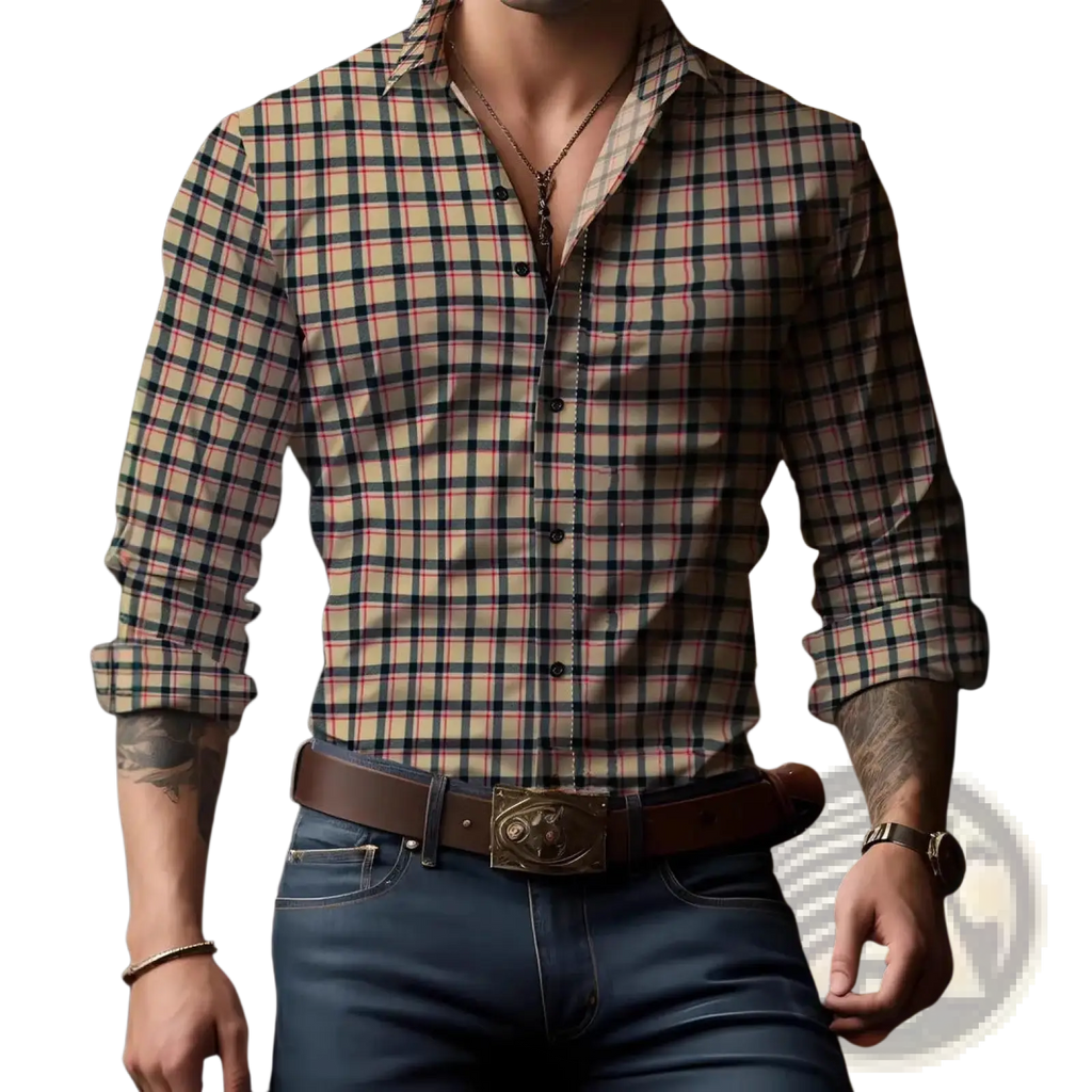 A man wearing a beige men plaid long sleeve casual shirt with black and pink intersecting lines