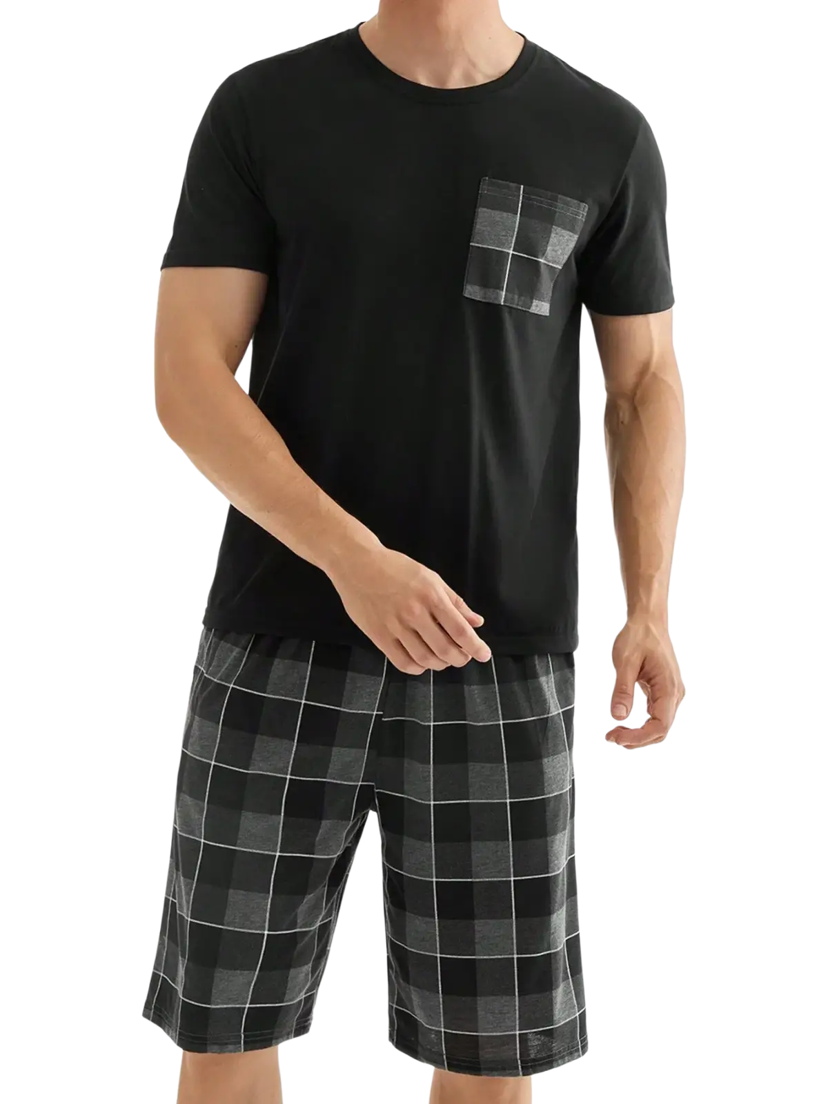 Men plaid pajama set short sleeve shorts featuring a black short-sleeved t-shirt with a subtle gray plaid pocket design