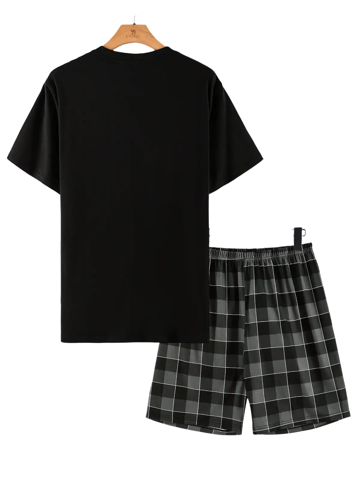 Men plaid pajama set short sleeve shorts featuring a black short-sleeved t-shirt with black and gray plaid shorts
