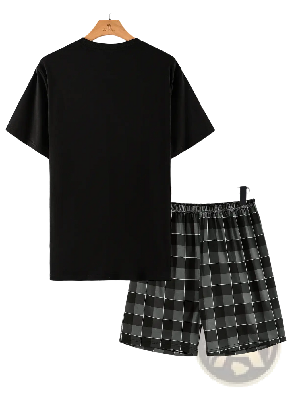 Men plaid pajama set short sleeve shorts featuring a black short-sleeved t-shirt with black and gray plaid shorts