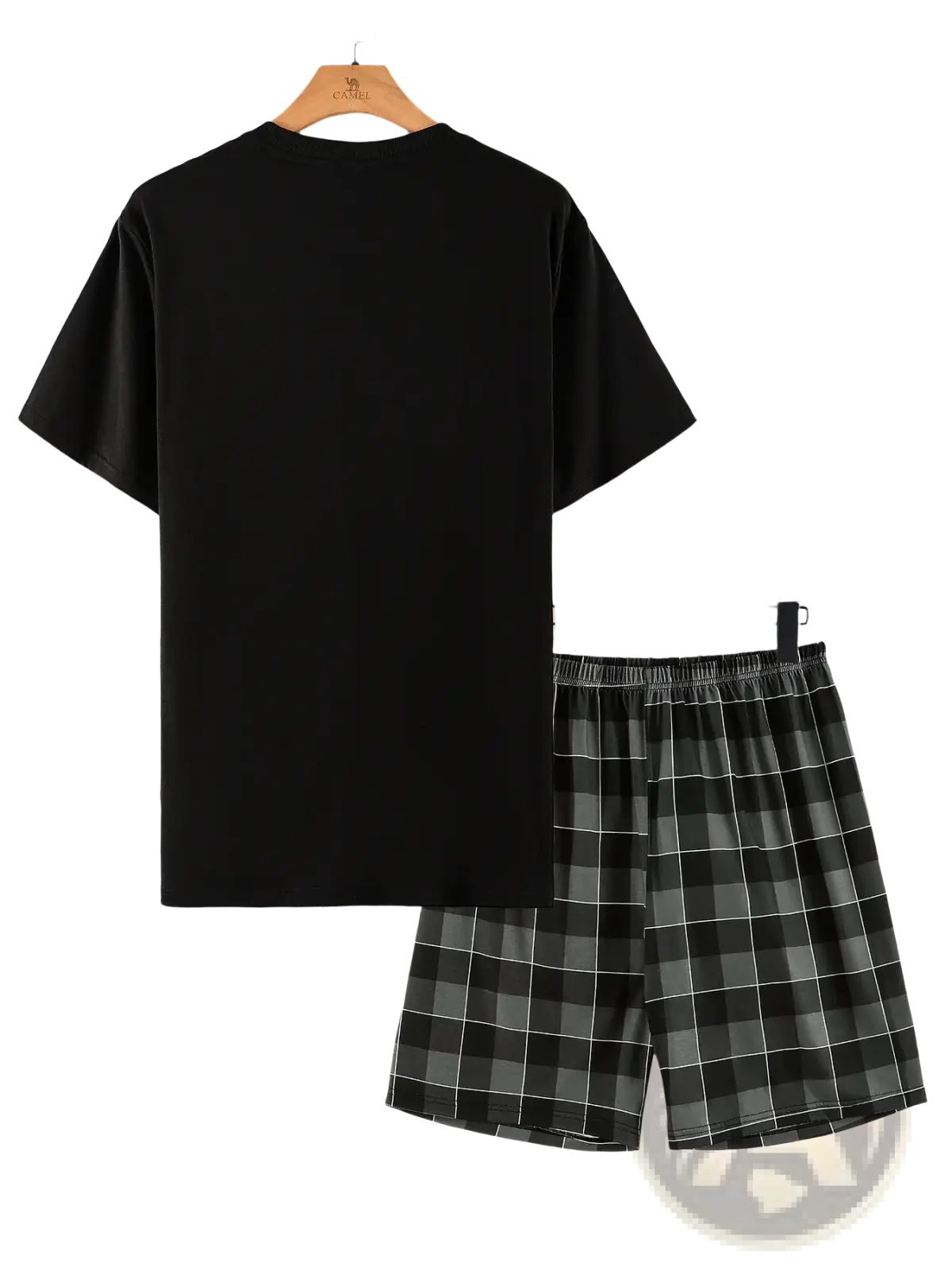 Men plaid pajama set short sleeve shorts featuring a black short-sleeved t-shirt with black and gray plaid shorts