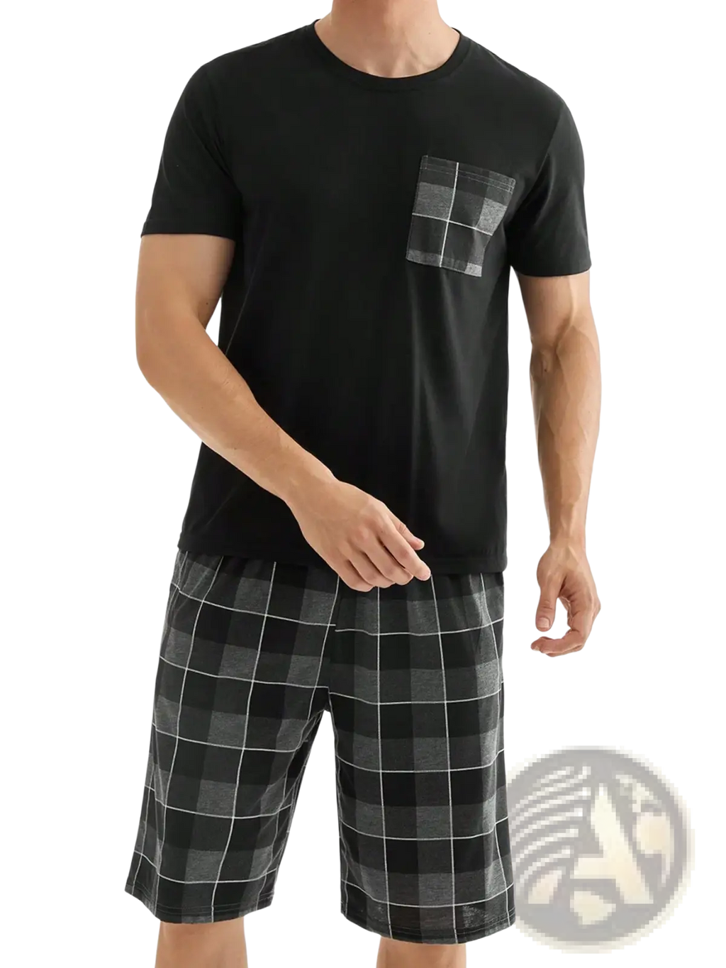 Men plaid pajama set short sleeve shorts featuring a black short-sleeved t-shirt with a subtle gray plaid pocket design