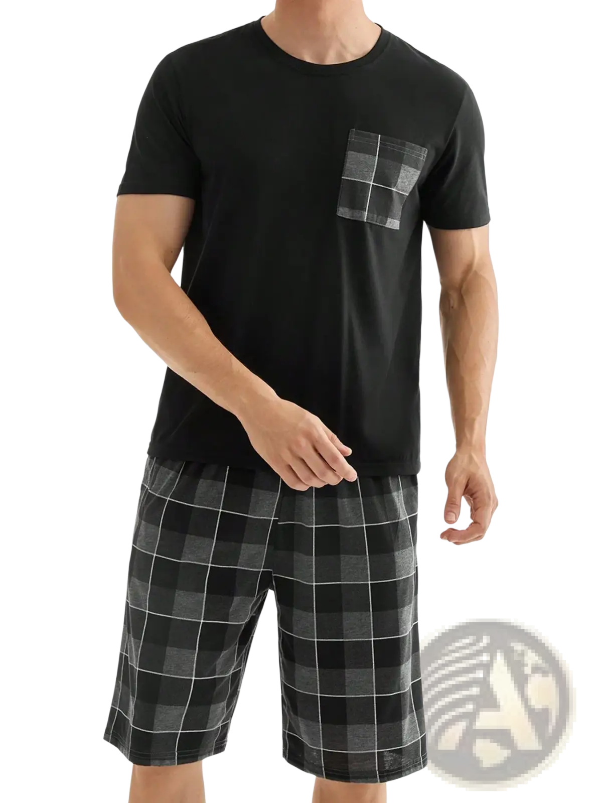 Men plaid pajama set short sleeve shorts featuring a black short-sleeved t-shirt with a subtle gray plaid pocket design