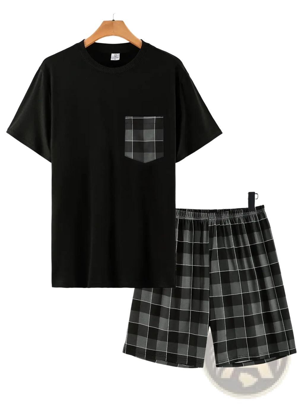 Men plaid pajama set with black short-sleeved top featuring gray and black plaid pocket paired with matching shorts