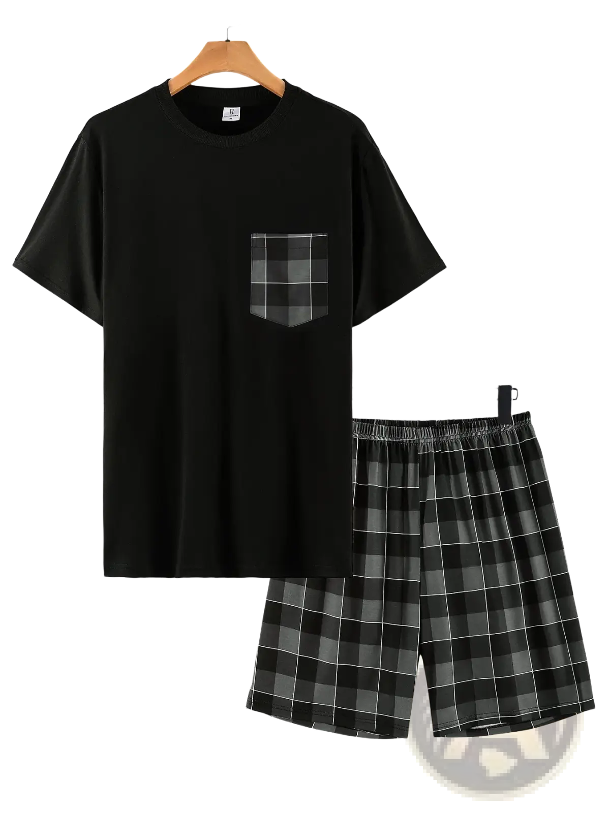 Men plaid pajama set with black short-sleeved top featuring gray and black plaid pocket paired with matching shorts