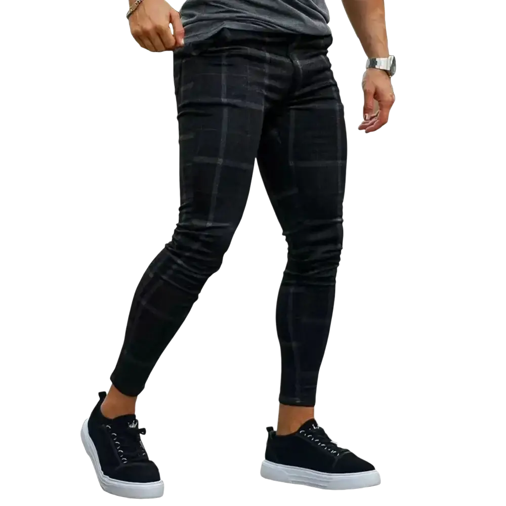 Men plaid skinny jogging pants in black with slim fit and subtle textured plaid design for a stylish casual look