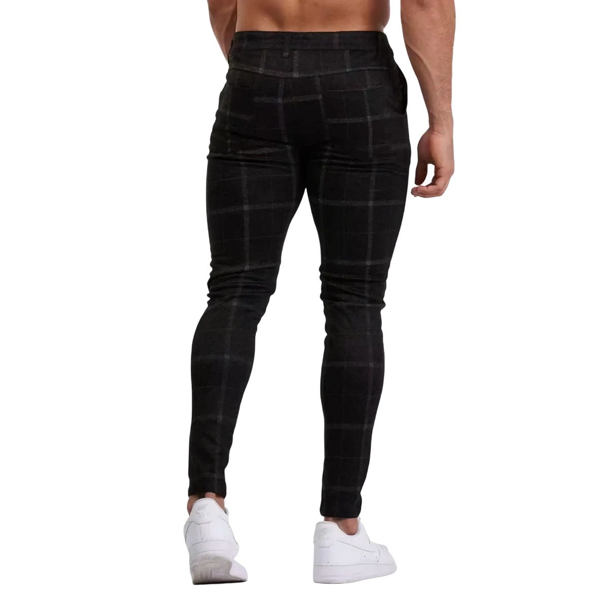 Men plaid skinny jogging pants in black with slim fit and subtle textured fabric for casual wear