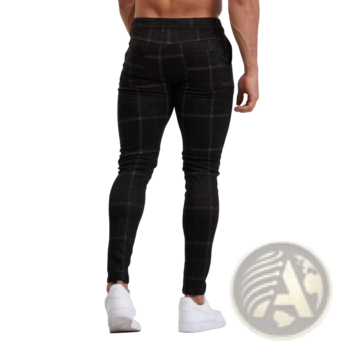 Men plaid skinny jogging pants in black with slim fit and subtle textured fabric for casual wear