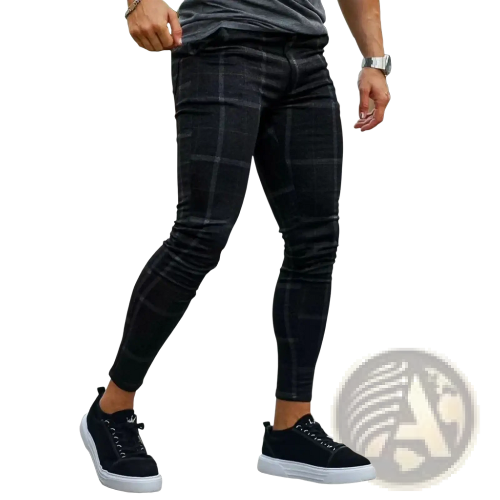 Men plaid skinny jogging pants in black with a subtle gray plaid pattern designed for a slim fit style