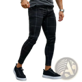 Men plaid skinny jogging pants in black with a subtle gray plaid pattern designed for a slim fit style