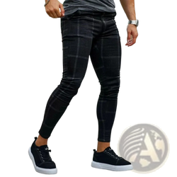 Men plaid skinny jogging pants in black with a subtle gray plaid pattern designed for a slim fit style