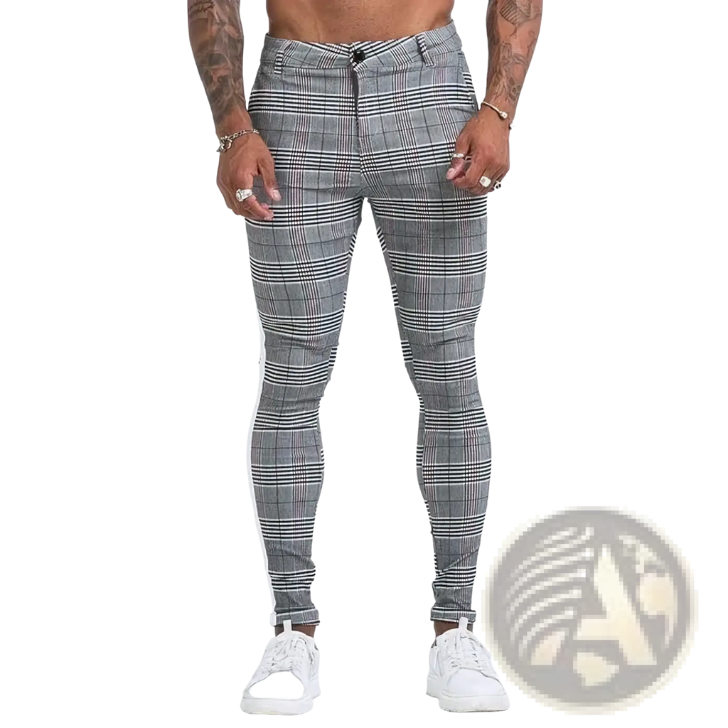 Men plaid skinny jogging pants in gray and black plaid with a slim-fit tailored design for stylish casual wear