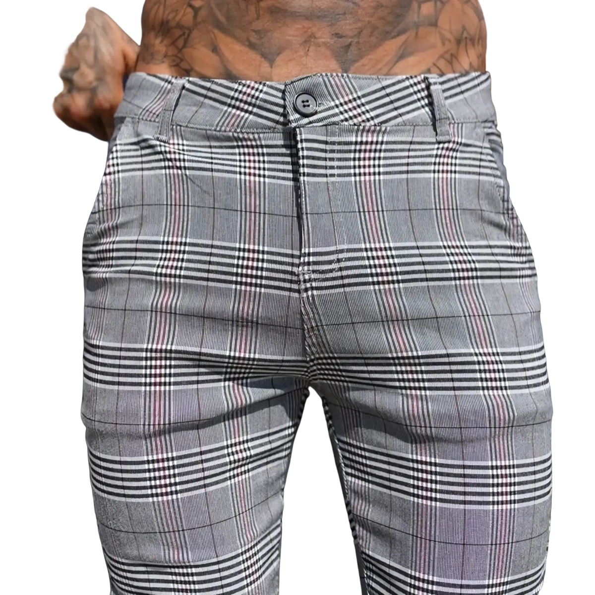 Men plaid skinny jogging pants in gray plaid chinos with black and thin red stripes and button closure