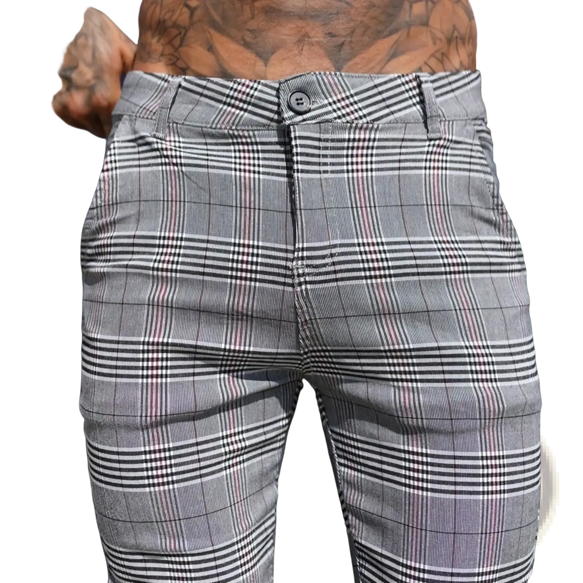 Men plaid skinny jogging pants in gray plaid chinos with black and thin red stripes and button closure