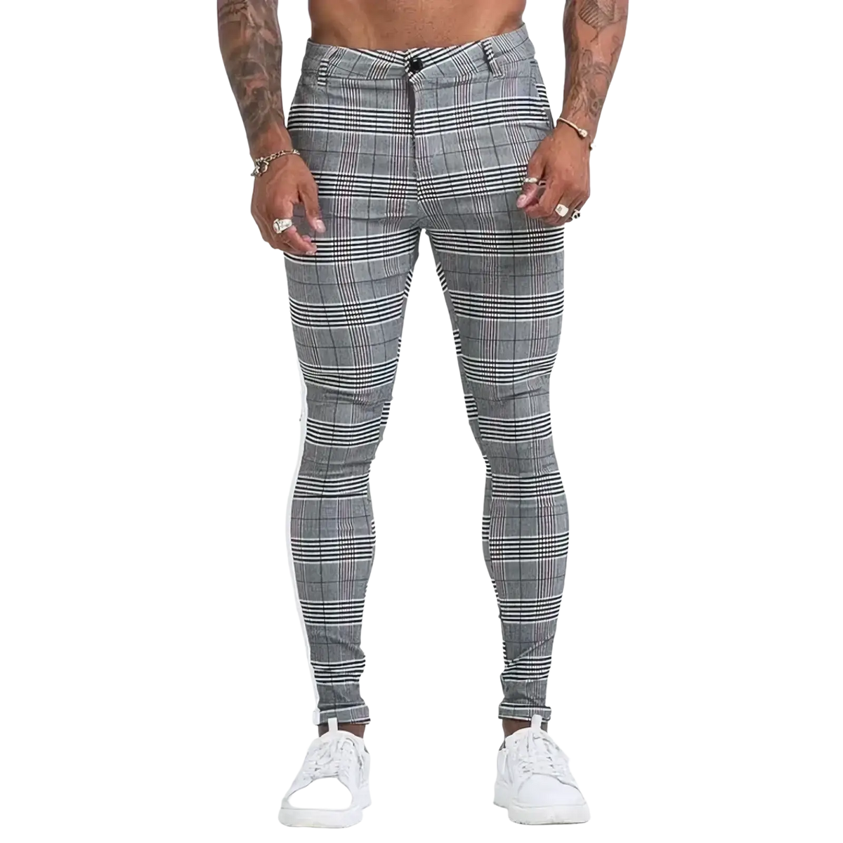 Gray and white plaid slim-fit men plaid skinny jogging pants designed for comfortable casual wear