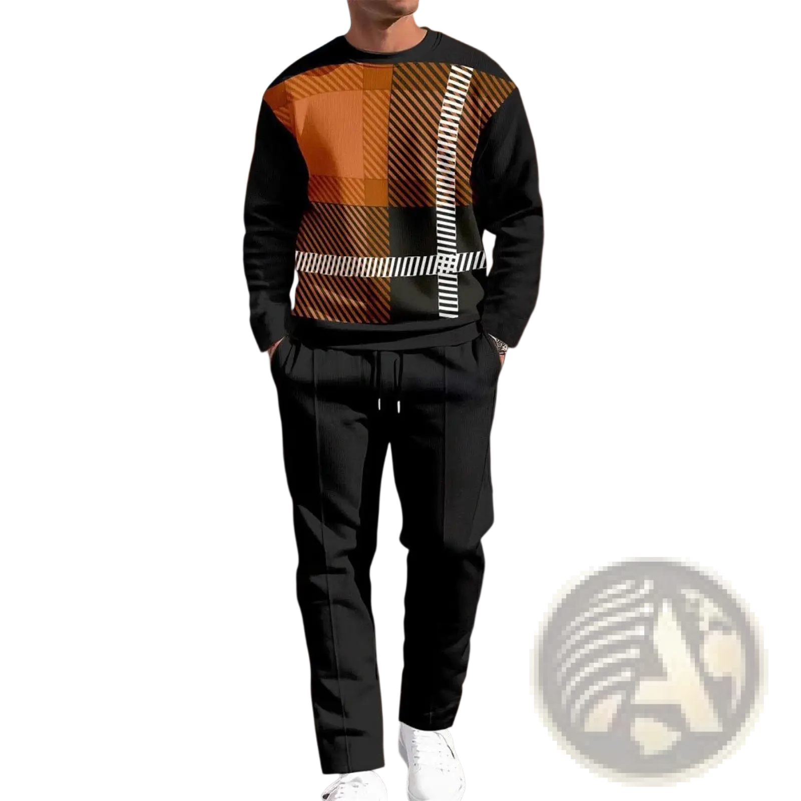 Men plaid sweatshirt and pants set featuring a black sweatshirt with bold orange and brown plaid and white chest stripes