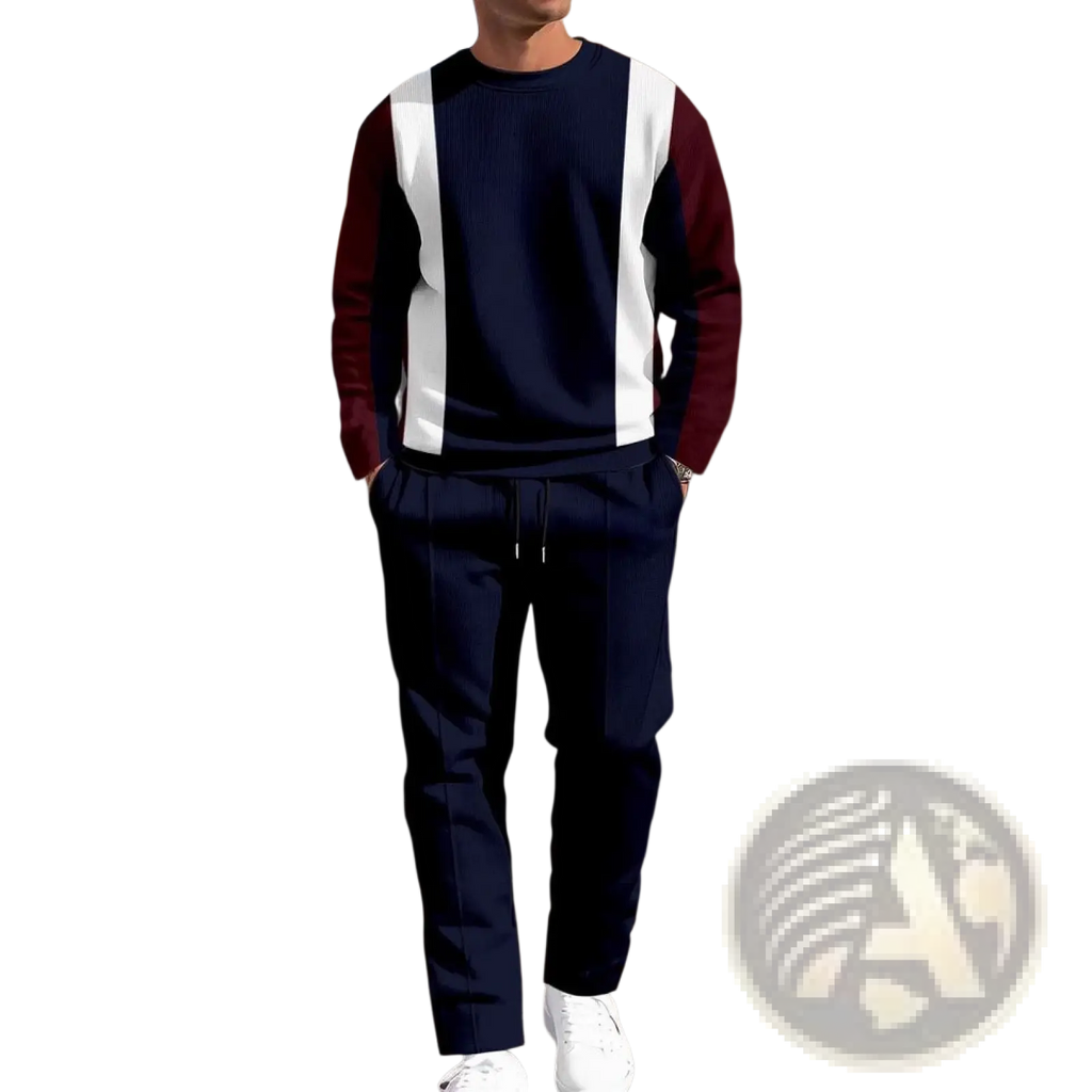 Men plaid sweatshirt and pants set featuring navy blue and maroon color-blocked long-sleeve sweatshirt with white stripes