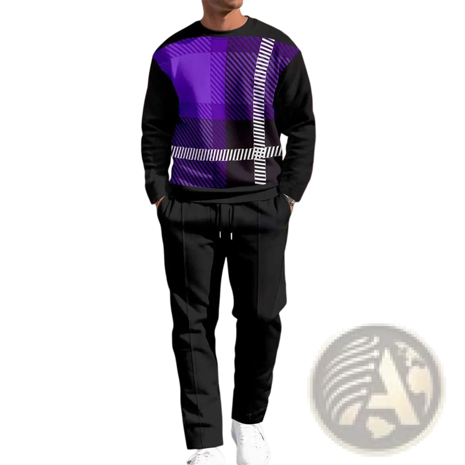 Men plaid sweatshirt and pants set featuring a purple and black plaid patterned sweatshirt with white striped accents