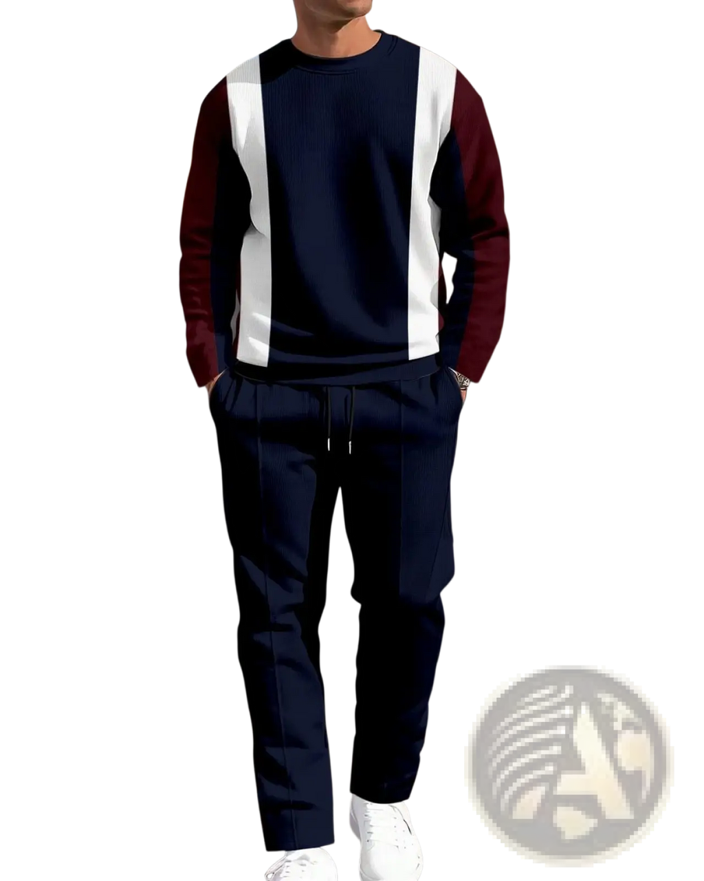 Men plaid sweatshirt and pants set in navy blue and maroon color-block with white vertical stripes, shown from the back
