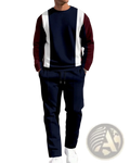 Men plaid sweatshirt and pants set in navy blue and maroon color-block with white vertical stripes, shown from the back