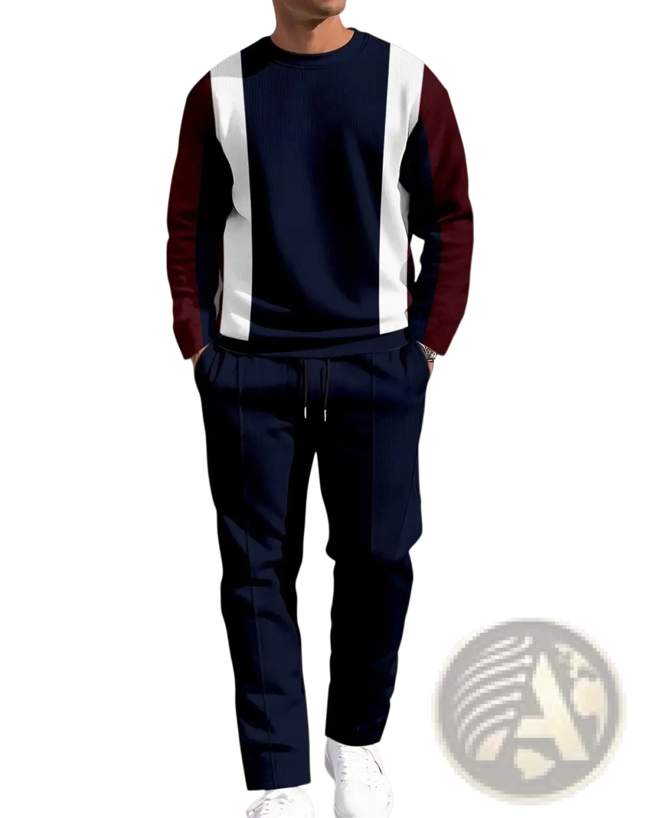Men plaid sweatshirt and pants set in navy blue and maroon color-block with white vertical stripes, shown from the back