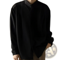 Men pleated stand collar shirt in black with long sleeves and subtle front pleats in a button-up design