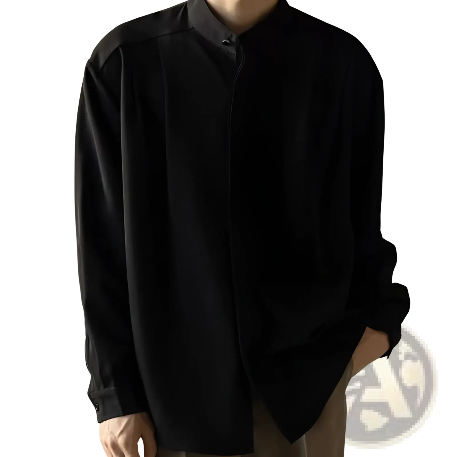 Men pleated stand collar shirt in black with long sleeves and subtle front pleats in a button-up design