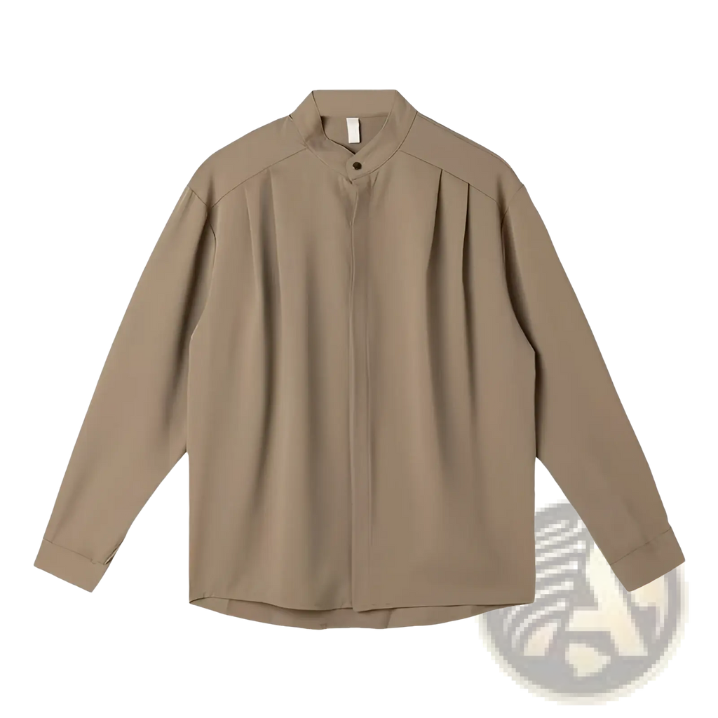 Beige long-sleeved men pleated stand collar shirt with subtle front pleats made from soft fabric for formal wear